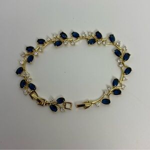 Navy Blue Cubic Zirconia Vine Gold Tone Pageant Bridal Party Bracelet, Brand New